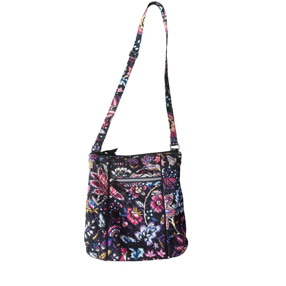 Vera Bradley Black Floral Paisley Quilted Hipster Crossbody Multi Pockets Cotton